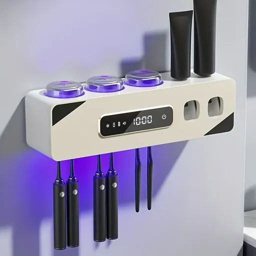 Smart UV Sterilizer Toothbrush Holder USB Charging ABS Material Hot Air Dry No-Drill Wall Mounted Bathroom Vanity Organizer Rack(creamy white)