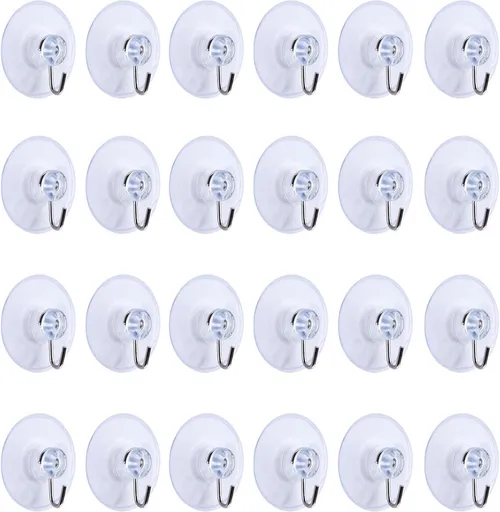 24 Pieces Suction Cup with Hook - Suction Cup with Hook Set - Hanging Hooks with Suction Cup - Kitchen Hooks - Towel Hooks - Self-Adhesive Hooks - Reusable Wall Hook - for Tiles, Glass, Window, Shower, Kitchen, Bathroom, Home - Transparent
