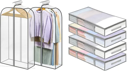 4 Packs Under Bed Storage Containers Bins-55L, 2 Pack Clear Garment Bags-40'' Long -