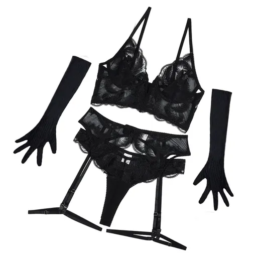 House Of Dasein Deep V Belt Steel Ring Gathering Side Folding Embroidery See Through Underwear Five Piece Set - Black - L