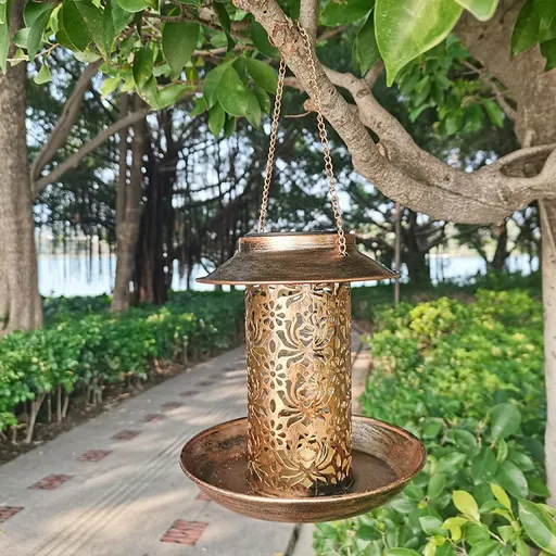 LED Solar Bird Feeder Lamp Outdoor Garden Light Antique Wrought Iron Hollow Design