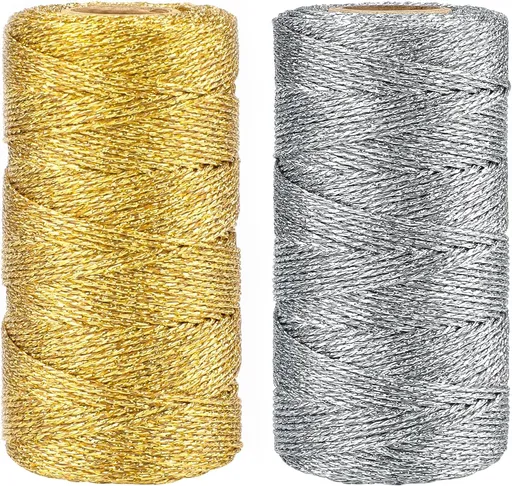 Gold Silver Twine String - 656Ft 1.5MM Christmas Twine String Metallic Gold and Silver Glitter Bakers Twines Strings for Crafts Ornament Gift Wrapping Christmas Holiday Home Decoration