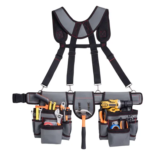 Tool Belt, 22 Pockets Tool Pouch with Suspenders for Men, Heavy Duty Adjustable Utility Belt Bag Suspenders for Electrician, Carpenter, Construction, Work Apron Organizer Waist Adjust 81-173 cm