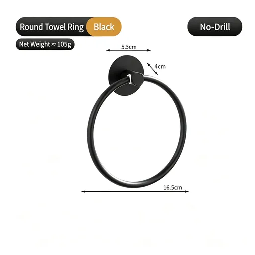 Round Towel Ring - No Drill (Black) | Classic Stainless Steel Towel Loop, Christmas Minimalist Bathroom Essential for Daily Use