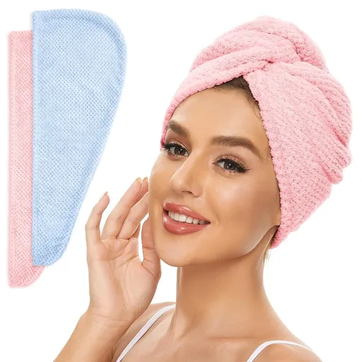 2 Pack Microfiber Hair Towel Wrap for Women,Anti-Frizz Quick-Drying Hair Turban for All Hair Styles,Absorbent and Lightweight (Blue + Pink)