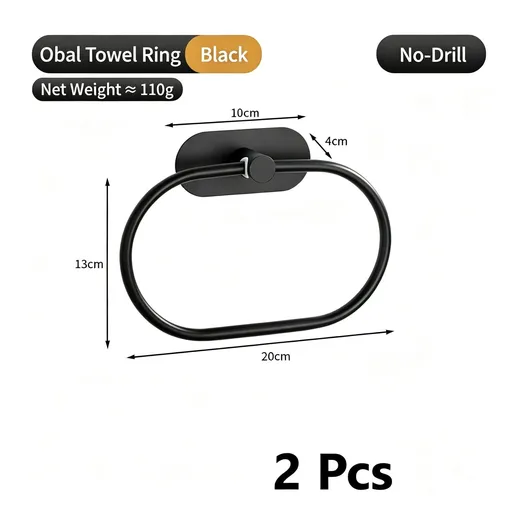 Oval Towel Ring - No Drill (Black) 2 Pcs | Stainless Steel Towel Holder Set, Christmas 2-Pack Bath Set for Master & Guest Bath