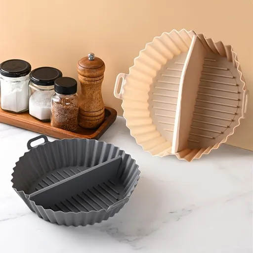 2 Pack Divided Silicone Air Fryer Liners, Non-Stick Reusable Baking Baskets for Oven and Air Fryer, Off White and Grey, 20 x 20 x 4.5 cm