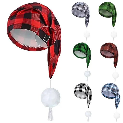 Sleeping Cap for Men Adjustable Sleep Cap Men Buffalo Plaid Night Hat with Ball Tassel for Winter Christmas