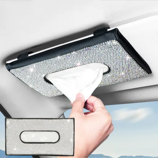 Car Tissue Holder Bling Cute Car Accessories for Women Sparkly Leather Sun Visor Napkin Hanging Stuff Crystal