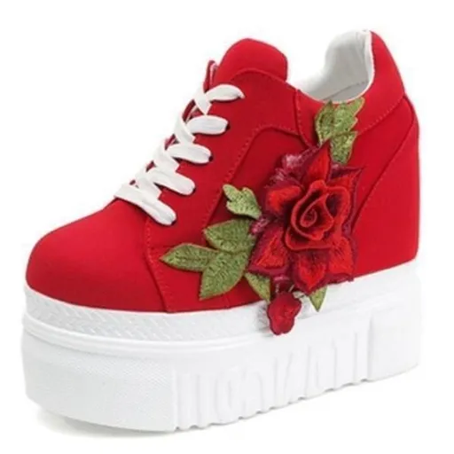 Hod Health & Home Red Rose Wedge Sneakers Embroidered Flower White Black High Heels - Red - 39