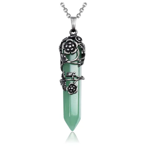 Natural green healing crystal necklace, neutral antique silver plum blossom hexagonal healing crystal pendant necklace