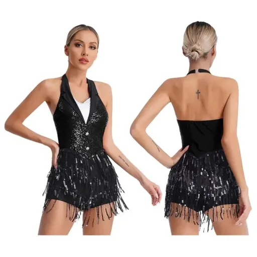 House Of Dasein Womens Jazz Latin Dance Performance Costume Halter Backless Sequins Jumpsuit - Black - S