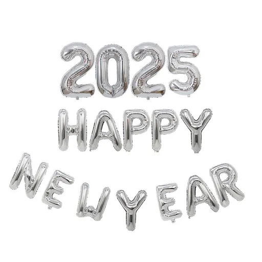 New Year Balloon Set Number and Letter Aluminum Foil New Year Banner Balloons for Party Silver