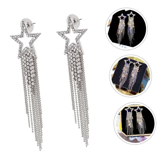 Women’s Tassel Earrings Star Ear Stud Pave Crystal Dangle Earrings Boho Waterfall Beaded Fringe Drop Earring