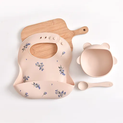 Lilac Pattern Beige Soft and Safe Silicone Baby Feeding Set - Bib, Bowl, and Spoon Combo for Mess-Free Meals