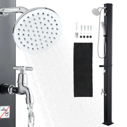 Outdoor & Poolside Shower Solar Heated 40L Freestanding Black 205cm Showerhead Height with Handheld & Foot Faucet Hot & Cold Water Adjustment