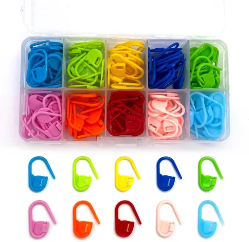 Knitting marker buckles - 10 colors - Lockable marker buckles - Comes with storage box - Suitable for knitting, crocheting, or crafting (120 buckles)
