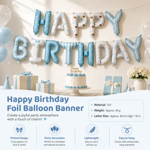 Blue Happy Birthday Foil Letter Balloon Banner - 16 Inch Letters, Lightweight Party Decoration for Wall Displays, Photo Backdrops and Birthday Celebrations