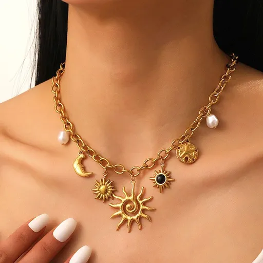 Bohemian-style multi-pendant necklace, gold-plated titanium Cuban chain, women's sun-and-moon pearl collar necklace