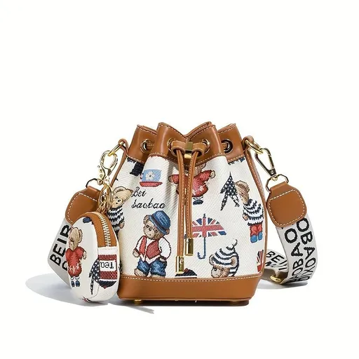 Women'S Bucket Bag Bear Print Handbag Trendy Handbag British Style Bag - Brown - Size 11-14-19