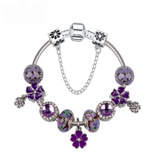 Beaded Bracelet Purple Four Leaf Clover Pendant Sparkling Zircon Resin Glass Beads 18cm