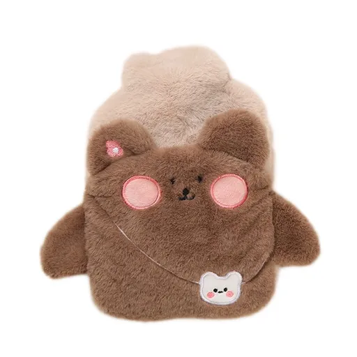 Cartoon Hot Water Bottle with Cute Plush Cover Water Injection Hot Water Bag Anti-scalding Portable Hand Warmer ( Brown)