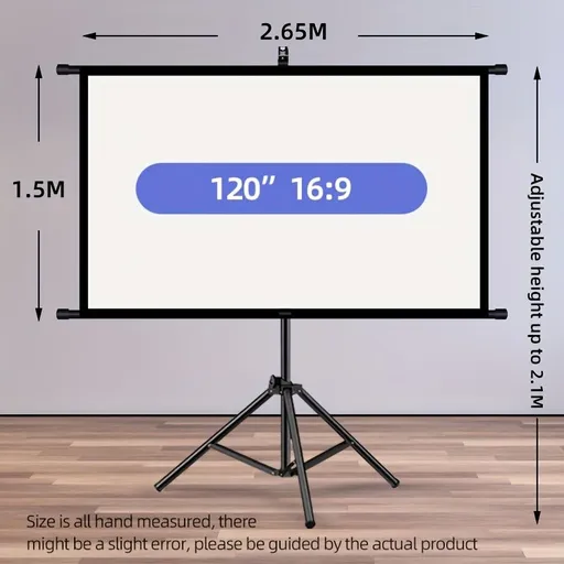 120in Portable and mobile projection screen with tripod stand, 16:9 HD format, suitable for home theater and indoor wall mounting. Made of polyester fabric, easy to set up and use. Ideal for office presentations and home entertainment, ready to use r