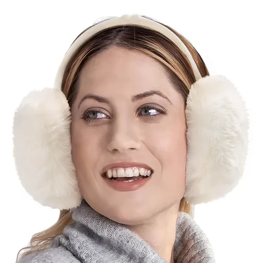 Cream White Fluffy Plush Winter Ear Muffs for Women, Foldable Soft Ear Warmers Windproof Thermal Earmuffs for Cold Weather Outdoor Daily Wear