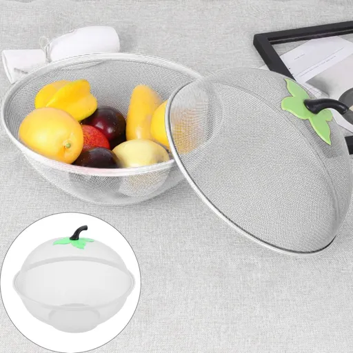 Fruit Basket with Lid Mesh, Apple Shaped Fruit Bowl Cover, Protective Holder Countertop Metal Wire Against Flies, Reusable Strainer for Gift Restaurant Kitchen Food Vegetable (Green/1 Pcs) 9.44" White