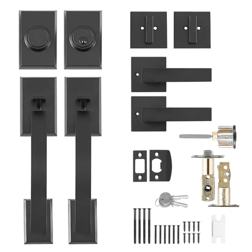 Double Door Handle Set, Matte Black Arched Door Lever, Double Front Door Handle Set with Reversible Handle Lever, Heavy Duty Double Door Lock Set with Dummy, for Office Door or Front Door
