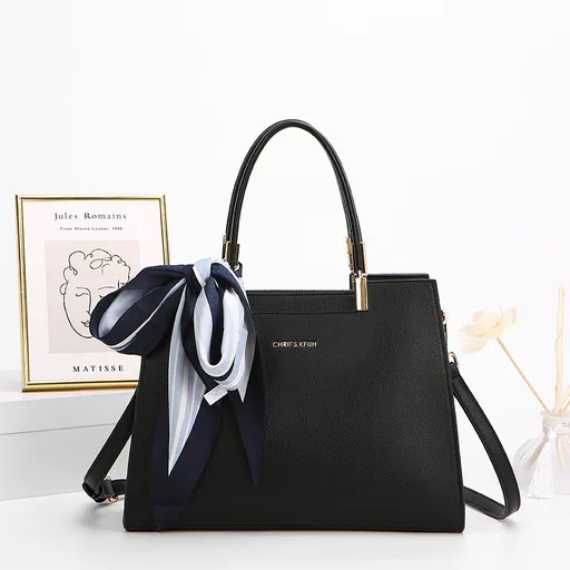 Fashionable Synthetic Leather Crossbody Bag with Detachable Scarf - Multiple Compartments for Daily Essentials(black)