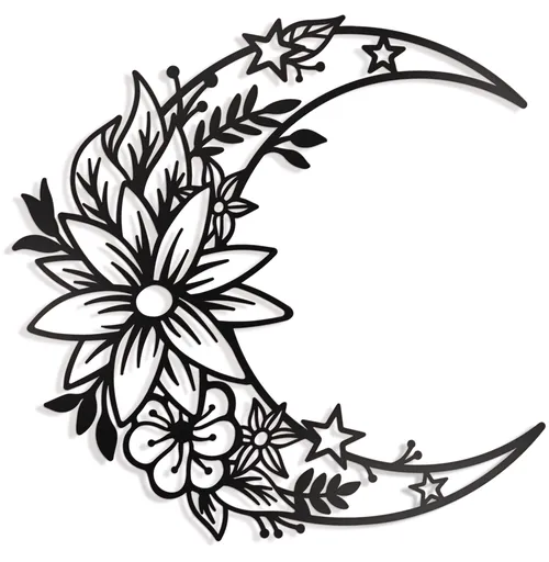 Moon Metal Floral Art Decor - Black Large Floral Moon and Star Phase Wall signs for Half Moon Flower Sculpture Hanging Wall Decor