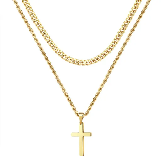Double Layer Gold Tone Cross Pendant Necklace Set Cuban Link & Rope Chain 40-45cm Layered Fashion Jewellery