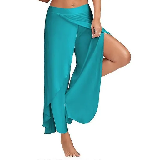 Women's Harem Palazzo Pants Wide Leg Split Flowy Loose Fit Casual Yoga Trousers Plus Blue - M