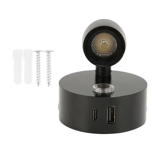 RV Reading Light with USB Type C Port Blue Nightlight 3 Color Dimming Boat Reading Lamp Polished Surface Touch Switch DC12‑24V Black
