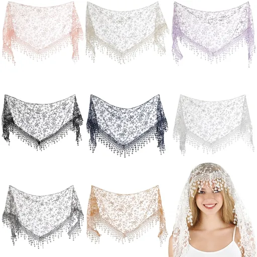 8PCS Triangle Lace Mantilla Veil Set, Floral Triangle Head Covering Scarf, Embroidered Fringe Chapel Veil Scarf, Breathable Polyester Catholic Veils for Mass, Church, Wedding