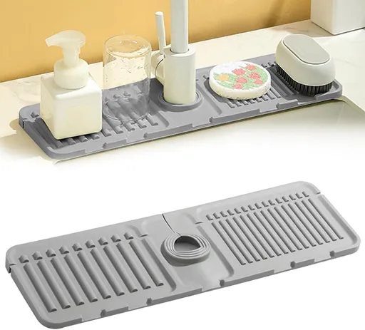 Faucet Mat for Kitchen Sink, 2024 Upgrade Faucet Guard Draining Mat Silicone Faucet Handle Drip Catcher, New Fast Drying Stone Sink Tray Sink Protectors for Kitchen Bathroom Sink (Grey, One Size)