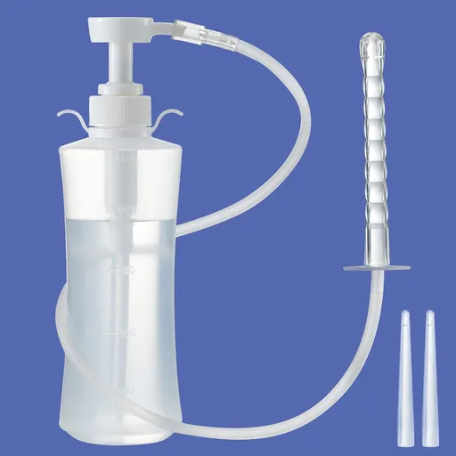 Pump Enema Bottle Set with 3 Nozzles for Interchangeable Use, Reusable Manual Pressure Enema Douche, (300mL)