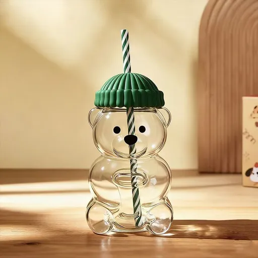 Creative Bear Shape Glass Water Bottle with Straw Cute Cartoon Coffee Cup and Cold Drink Tumbler – Green Hat Bear Edition