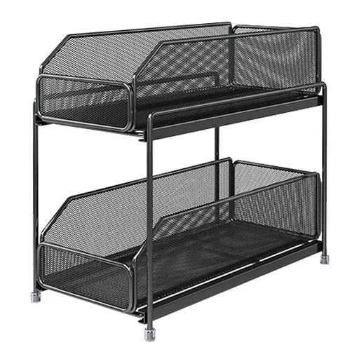 Pull Out Cabinet Organizer 2 Tier Carbon Steel Mesh Large Capacity Easy Maintenance Sliding Basket Drawer Black
