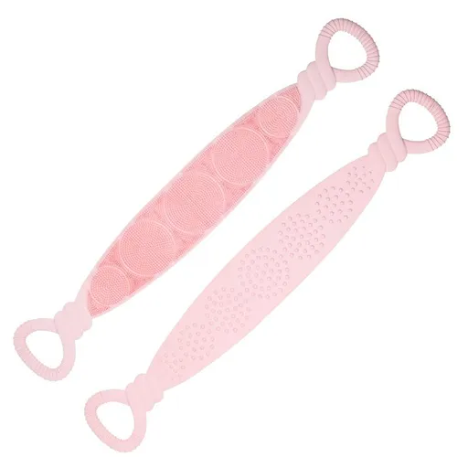 Pink 90cm Silicone Back Scrubber Long Exfoliating Bath Strap - Double Sided Massage Texture, Non Slip Grip Handles, Deep Cleansing Shower Tool for Home Spa
