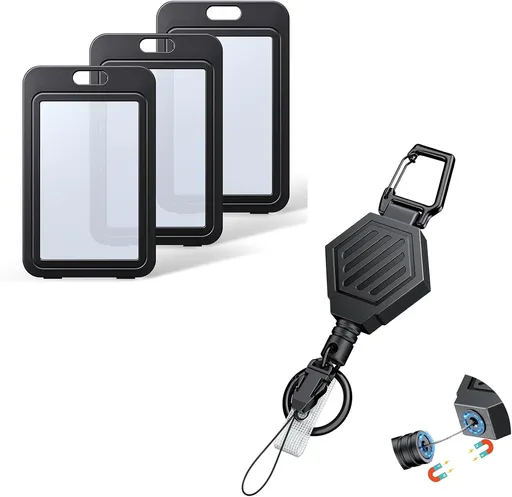 Heavy Duty Retractable Keychain with Magnetic Closure Retractable Badge Reel with 3 Pack ID Badge Holder with Double-Sided Windows Vertical Hard Plastic Case