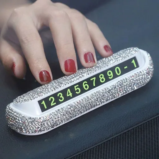 Rhinestone Hidden Temporary Parking Number Plate for Car Dashboard, Bling Crystal Phone Number Display with Magnetic Fluorescent Digits, Privacy Protection Auto Accessory for Women Men (Silver)
