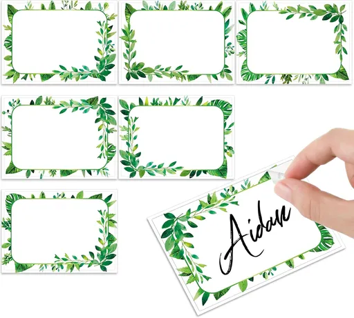 240 Pcs Greenery Name Tags Stickers Spring Green Leaves Border Tag Labels Party Personalized for Themed Office Home, 3.5 x 2.4, 6 Styles -