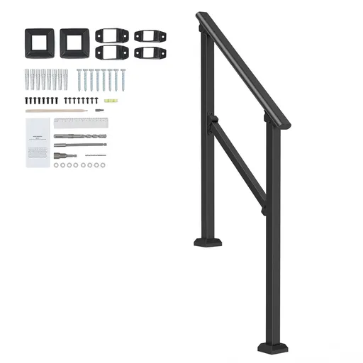 Handrails for Outdoor Steps, 2-3 Step Stair Hand Rail Kit, Transitional Carbon Steel Railings with Installation Kit, Stair Rails for Seniors, Concrete Steps & Porch & Deck, Black Square Tube
