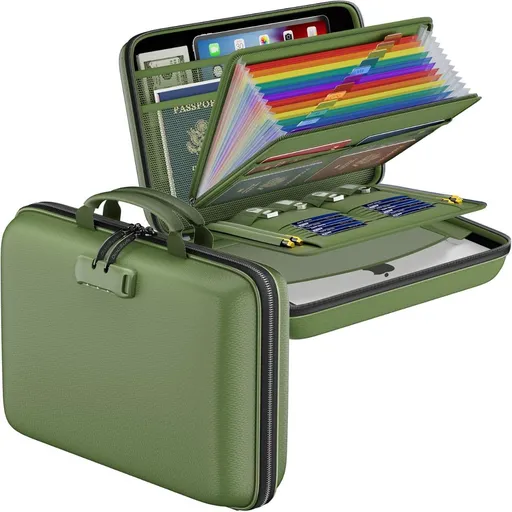 Fireproof File Organizer with Lock, Hard-Shell Case Fireproof Document Box with 13 Pocket Accordion File Folder, Portable Home Office Travel Safe Storage for Important Documents Laptop - Green - Size 15.5" x 11.5" x 3"