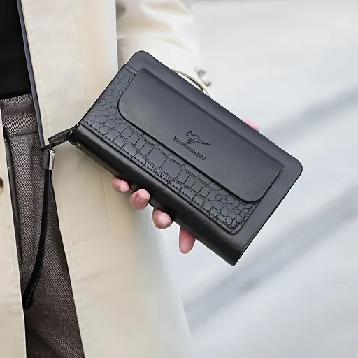 men's business clutch, double zipper handbag, large capacity phone bag, men's accessories, leather clutch bag, business travel wallet, minimalist clutch - Black2 - Size L