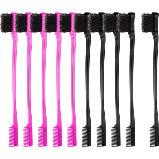10 Pcs Edge Brush 2-in-1 Double Sided Hair Edges Brushes and Combs Combo Pack, Smooth Grooming and Edge Control (Rose and Black) Rose and Black