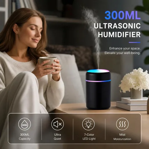 USB Mini Humidifier 300ML Dual Cotton Wicks Black Boxed, Bedroom Gift
