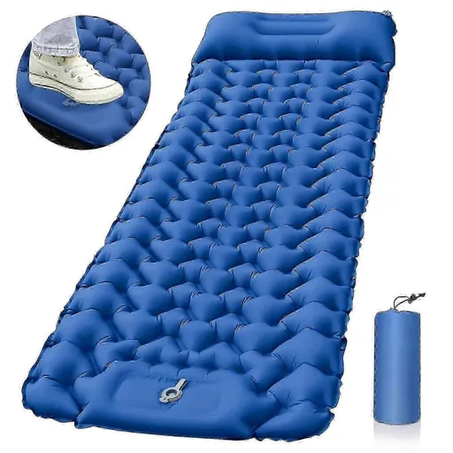Inflatable Camping Sleeping Pad with Built-in Pillow Lightweight Portable Air Cushion for Outdoor Hiking Trekking Blue
